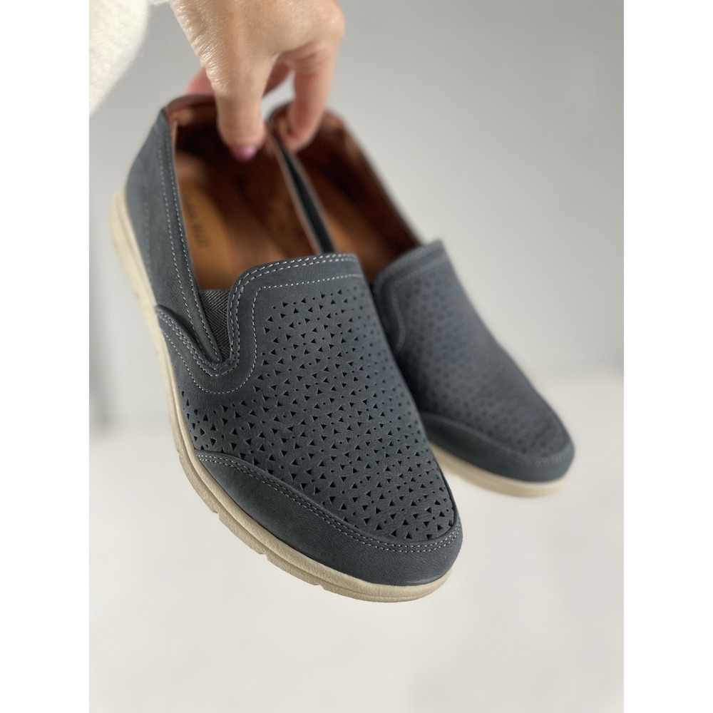 Cobb Hill Women 7 W Lidia Stone Nubuck Leather Slip-Ons CJ0937 Blue Comfort Shoe